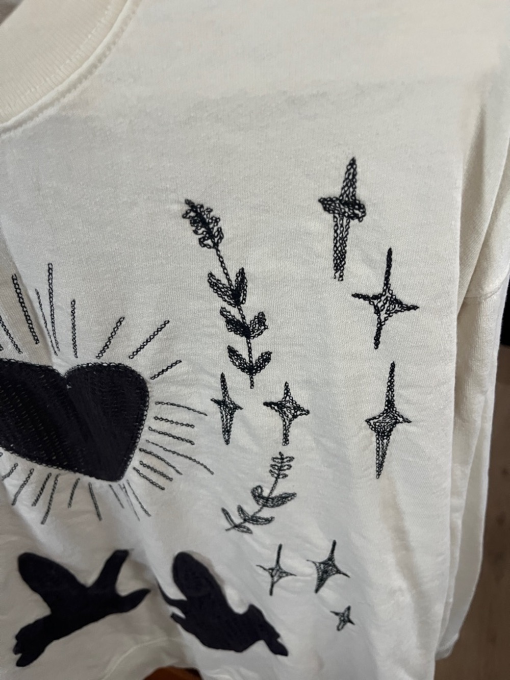 Free People Tricia Fix Cream Sweatshirt with Dark Navy Blue Embroidered Graphic - Picture 5 of 6